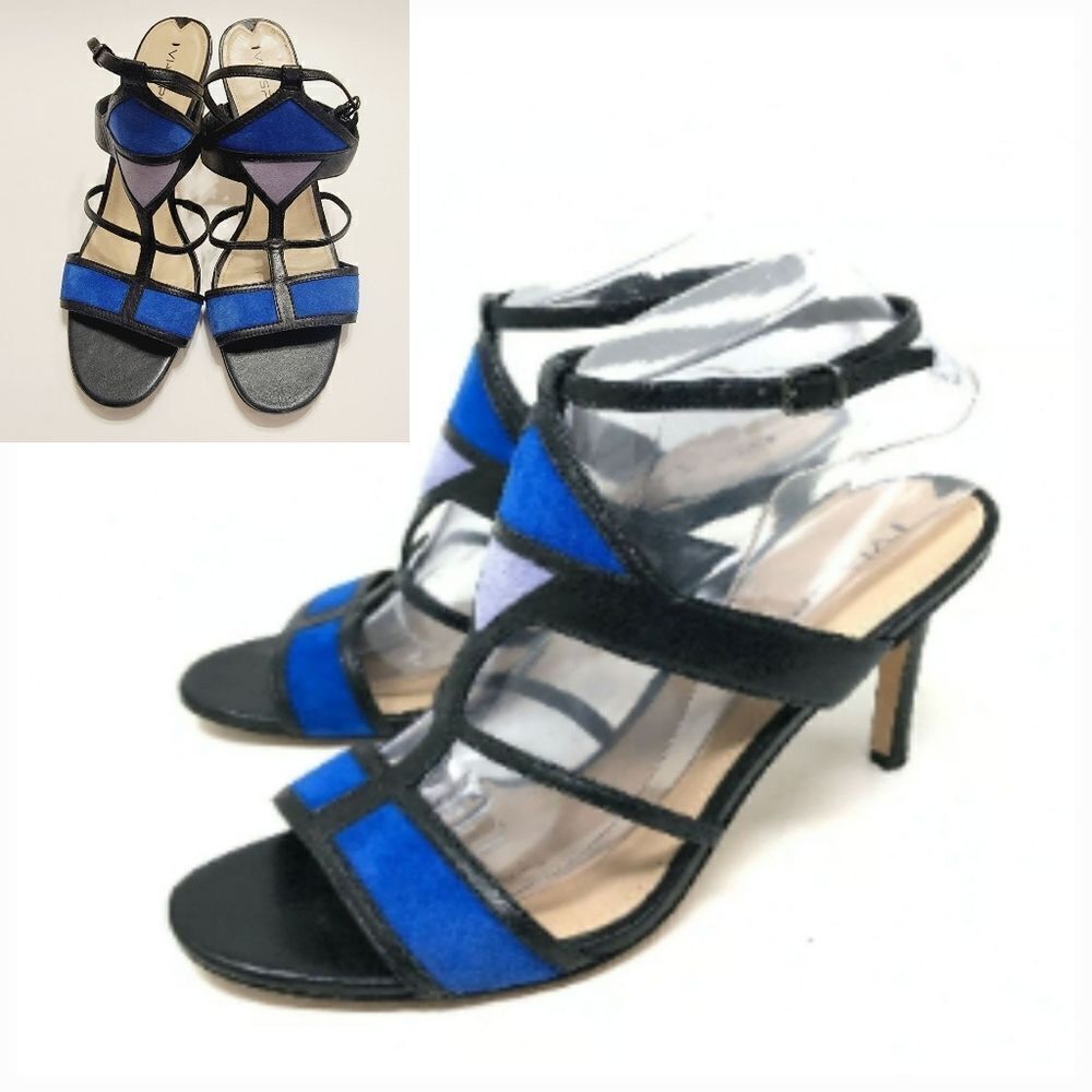 Via Spiga Black Leather Cobalt Suede Colorblock Stiletto Sandals Size 11
